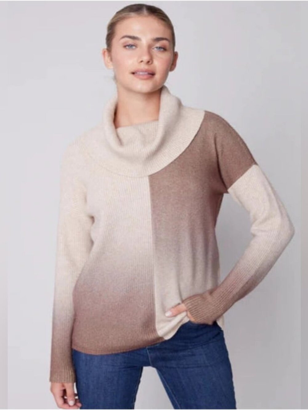 Charlie B Cowl Neck Drop Shoulder Sweater Ombre Truffle Colour Block Fall Medium